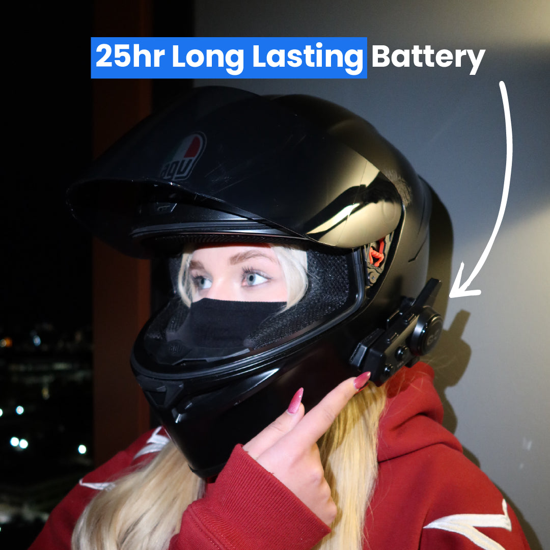 Person wearing a black helmet with a visible battery pack, labeled '25hr Long Lasting Battery'.