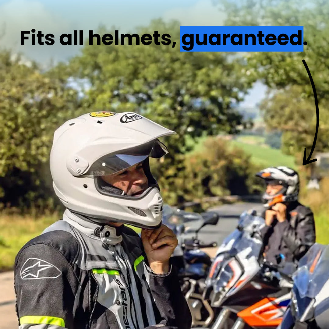 Two people on motorcycles with text 'Fits all helmets, guaranteed.'
