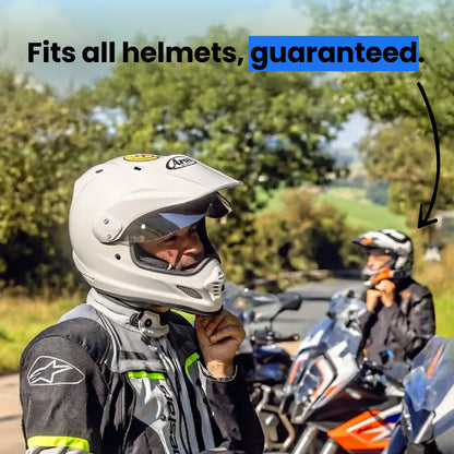 Two people on motorcycles with text 'Fits all helmets, guaranteed.'