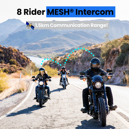 Four motorcyclists on a scenic road with '8 Rider MESH Intercom' text and communication range information.