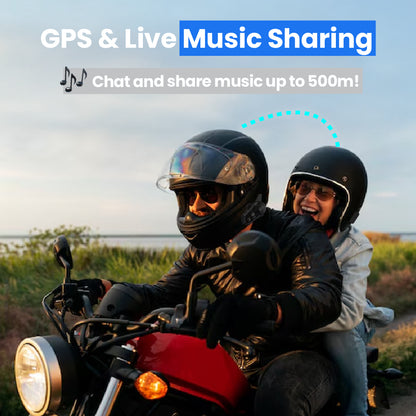 Two people on a motorcycle with text about GPS and live music sharing.