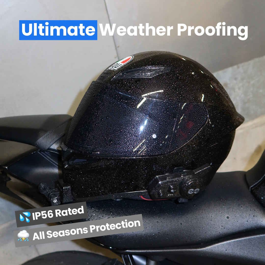 Black motorcycle helmet with weatherproofing features on a wet surface